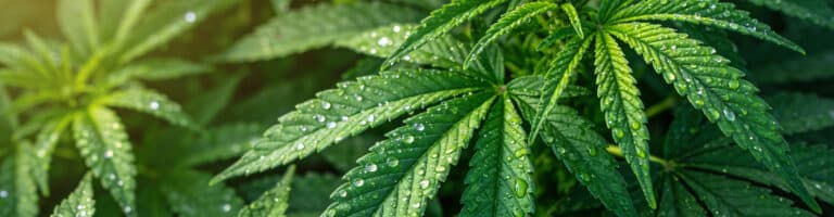 Cannabis Blätter mit Morgentau