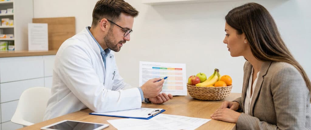 Apotheker berät Kundin umfassend zum Thema Ernährung in den Ernährungswochen